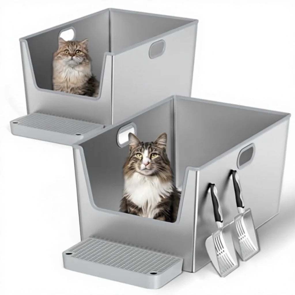 XXL Stainless Steel Litter Box for Maine Coons - 12" High Sides, Anti-Leak & Odor-Free